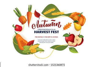 Autumn harvest festival and fall fair poster, banner design layout. Organic grocery food shop or farm market concept. Vector flat cartoon illustration.