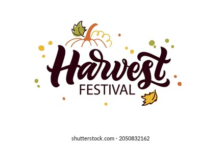 Autumn Harvest Festival hand drawn lettering typography. Modern brush calligraphy. Fall party template for postcard, invitation card, banner. Vector colorful illustration on textured white background