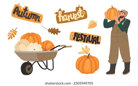 Autumn harvest festival horizontal banner with bearded farmer and wheelbarrow full of pumpkins.Cartoon card with handwritten,male character and agriculturally grown fruits.Vector designs set on white.