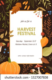 Autumn harvest festival invitation poster flat vector template. Tree branches and leaves botanical banner layout. Forest mushrooms with place for text. Fall season event background design.