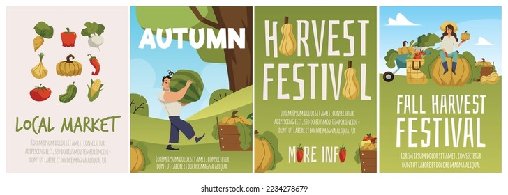 Autumn harvest festival and local market advertising posters set, flat vector illustration. Happy characters of farmers collecting freshly harvested fruits and vegetables. Agriculture concept.