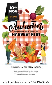 Autumn harvest festival poster, banner design layout. Fall fair or city picnic concept. Vector flat cartoon illustration. Cornucopia and people with pumpkin and apple on red checkered plaid background