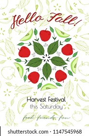 Autumn harvest festival poster. Fall festival template design. Fall party invitation design. Apple mandala. Apples with leaves, inscription hello fall. Vector illustration.