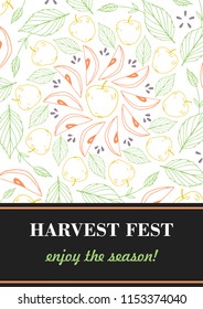Autumn harvest festival poster. Fall festival template design. Fall party invitation design. Apple mandala. Apples with leaves, inscription enjoy the season. Vector illustration.