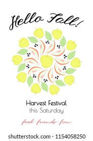 Autumn harvest festival poster. Fall festival template design. Fall party invitation design. Apple mandala. Apples with leaves, inscription hello fall. Vector illustration.