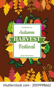 Autumn Harvest Festival poster, fruits and vegetable ripe and juicy. Hand drawn organic products, fall. Vector retro, vintage banner, illustration, flyer, card
