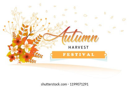 Autumn harvest festival poster, leaves and floral elements in fall colors.Harvest fest design perfect for prints, flyers,banners,invitations and more.Vector autumn illustration.