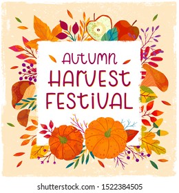 Autumn harvest festival poster with pumpkins,mushrooms,tree branches,apples,plants,leaves,berries and floral elements.Harvest fest design.Trendy fall vector illustration.