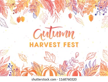 Autumn harvest festival poster with harvest symbols, leaves and floral elements in fall colors.Harvest fest design perfect for prints, flyers,banners,invitations and more.Vector autumn illustration.