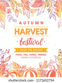 Autumn harvest festival poster with harvest symbols, leaves and floral elements in fall colors.Harvest fest design perfect for prints, flyers,banners,invitations and more.Vector autumn illustration.