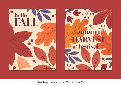 Autumn harvest festival posters with leaves,berries,plants in fall colors.Vector harvest fest illustrations.Trendy fall templates for prints,ad,smm,banners,invitations,covers