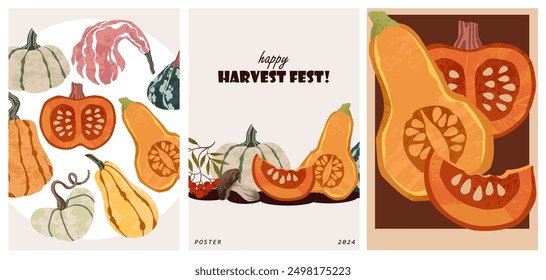 Autumn harvest festival posters with pumpkins and mushrooms . Farmers autumn market covers for invitations, social media marketing, greetings, brochure.