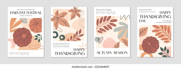 Autumn harvest festival posters with pumpkins,foliage and copy space for text.Farmers autumn market covers for invitations,social media marketing,greetings,brochure.Harvest fest vector illustrations