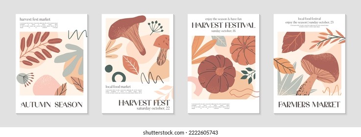 Autumn harvest festival posters with pumpkins,foliage and copy space for text.Farmers autumn market covers for invitations,social media marketing,greetings,brochure.Harvest fest vector illustrations