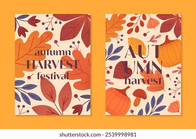 Autumn harvest festival posters with pumpkins,leaves,mushroom,berries,plants in fall colors.Vector harvest fest illustrations.Trendy fall templates for prints,ad,smm,banners,invitations,covers