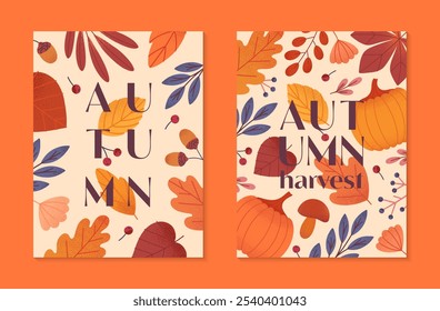 Autumn harvest festival posters with pumpkins,leaves,mushroom,berries,plants in fall colors.Vector harvest fest illustrations.Trendy fall templates for prints,ad,smm,banners,invitations,covers