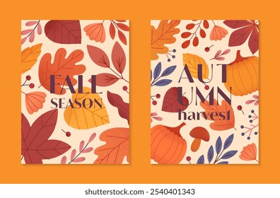 Autumn harvest festival posters with pumpkins,leaves,mushroom,berries,plants in fall colors.Vector harvest fest illustrations.Trendy fall templates for prints,ad,smm,banners,invitations,covers