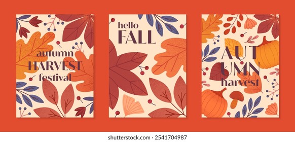 Autumn harvest festival posters with pumpkins,leaves,mushroom,berries,plants in fall colors.Vector harvest fest illustrations.Trendy fall templates for prints,ad,smm,banners,invitations,covers