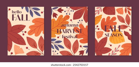 Autumn harvest festival posters with pumpkins,leaves,mushroom,berries,plants in fall colors.Vector harvest fest illustrations.Trendy fall templates for prints,ad,smm,banners,invitations,covers