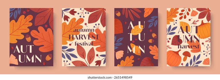 Autumn harvest festival posters with pumpkins,leaves,mushrooms,berries,plants,foliage.Vector harvest fest illustrations.Trendy seasonal fall templates for prints,ad,smm,banners,invitations,covers