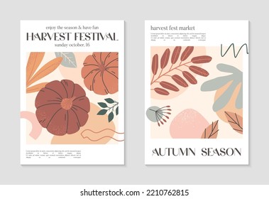 Autumn harvest festival posters with pumpkins,shapes,foliage,copy space for text.Trendy autumn covers for invitations,social media marketing,placard,brochure.Harvest fest designs.Vector illustrations