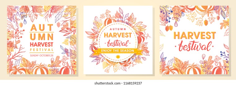 Autumn harvest festival postes with autumn leaves and floral elements in fall colors.Harvest fest design perfect for prints,flyers,banners,invitations,promotions and more.Vector autumn illustration.
