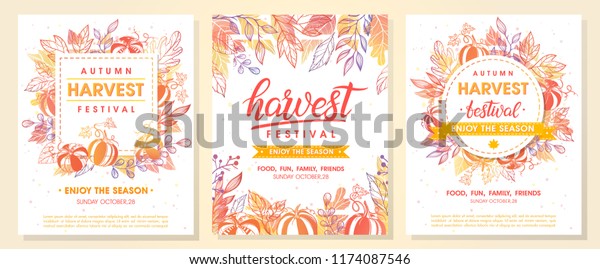 Autumn harvest festival postes with\
autumn leaves and floral elements in fall colors.Harvest fest\
design perfect for prints,flyers,banners,invitations,promotions and\
more.Vector autumn\
illustration.\
