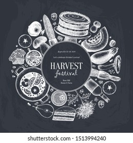 Autumn harvest festival vector design on chalkboard. Traditional thanksgiving day menu to. Homemade food and drinks sketches. Vintage wreath with hand drawn food, drinks, vegetables, fruits, flowers. 