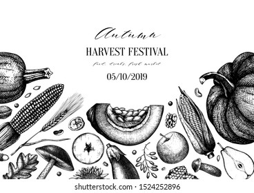 Autumn harvest festival vector design. Traditional Thanksgiving day  top view. Fall season backdrop with hand drawn plants, fruits, vegetables, mushrooms illustration. Traditional food ingredients
