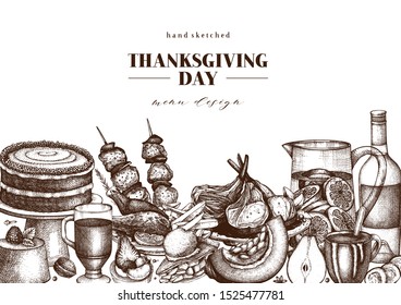 Autumn harvest festival vector design. Traditional Thanksgiving day menu top view. Fall season backdrop with hand drawn plants, fruits, vegetables, baking illustration. Family dinner food and drinks.