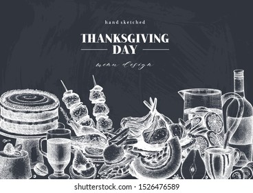 Autumn harvest festival vector design. Traditional Thanksgiving day menu top view background. Family dinner food and drinks template on chalkboard.