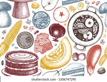 Autumn harvest festival vector seamless pattern. Traditional Thanksgiving day menu top view. Fall season backdrop with hand drawn plants, food, drinks, fruits, vegetables, baking illustration. 