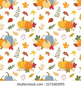 Autumn Harvest Festival Vector Seamless Pattern With Orange And Yellow Pumpkins, And Color Forest Leaves. Isolated On White Background. Autumn Harvest Illustration. Thanksgiving Wallpaper.