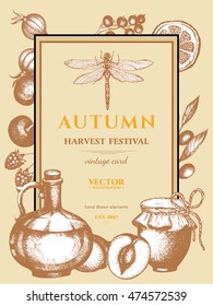 Autumn harvest festival vintage poster harvest hand drawn ink engraving style vector 