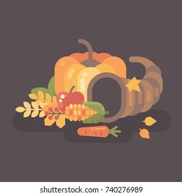 Autumn harvest flat illustration. Cornucopia with fruits and vegetables. Thanksgiving background