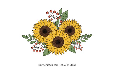 Autumn harvest floral arrangement with three yellow sunflowers green leaves and red berries