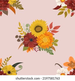 Autumn harvest floral bouquet wallpaper with burgundy, orange, and yellow flowers, and forest leaves on a pastel pink background. Autumn season wallpaper.