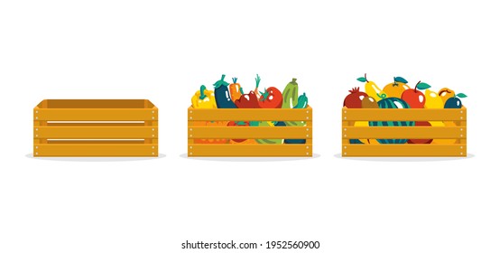 Autumn harvest. fresh fruits and vegetables in a wooden box. The concept of the harvest festival. flat vector illustration, isolated on white background