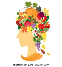 Autumn Harvest. Fruit and vegetables on woman head. Autumn season delicacies on a white background. Eco Food. Vector illustration.