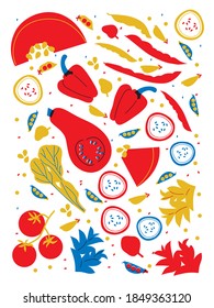 Vegetación de grandes pancartas de verduras orgánicas planas. Obra de caricatura abstracta de la cosecha otoñal. Rojo, amarillo, azul. Afiche de motivación por alimentos saludables. Cubierta con decoración de cocina. Cubierta. Diseñar una ilustración exótica del menú. 