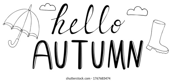 Autumn harvest from the garden - umbrella, rubber boot and clouds freehand drawing vector element in doodle style. Coloring book black outline