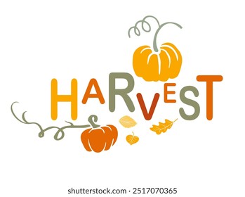 Autumn Harvest handgezeichnete Schrift mit Kürbissen und Blättern. Text im modernen Stil. Name der Herbstparty, Logo-Vorlage für Postkarte, Einladungskarte, Banner.  Abbildung einzeln auf Weiß 