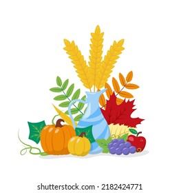 Autumn harvest illustration with pumpkins, fruits, leaves and wheat ears. Thanksgiving Day vector element for festival banner, greeting card, thematic design. Isolated on white background