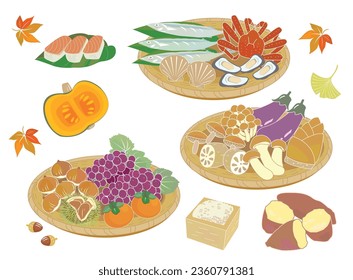 Autumn harvest. Japanese food. Vegetable, fruits and seafood.