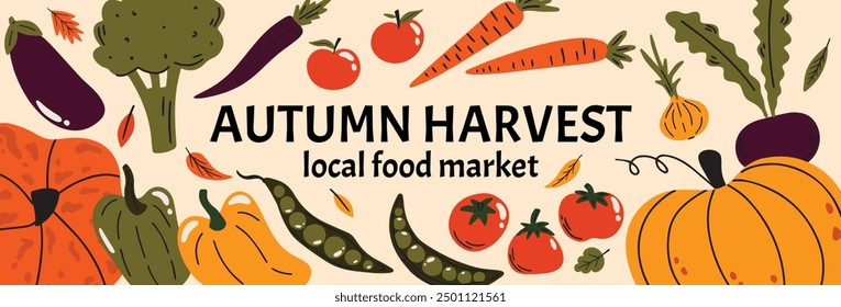 Autumn harvest local market banner. Set of various vegetables vector illustration in cartoon groovy funky style. Different fall seasonal elements pumpkin, tomato, carrot, onion, peas, beetroot, pepper