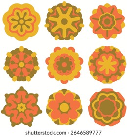 Autumn harvest mandala set. Pumpkin and fallen leaves color palette. Leaf and flower symbol and icon. Seasonal stickers isolated on a white background. Abstract nature. Vector illustration, EPS 10.