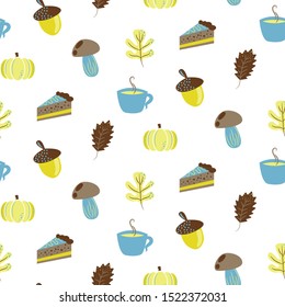 Autumn harvest objects pumpkin, acorn, pie, mushroom and leaves. Fall seamless pattern vector in blue and yellow colors.