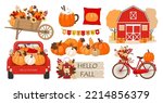 Autumn harvest on the farm elements set. Pumpkin and sunflowers on a wheelbarrow. Car with a pumpkin in the trunk. Illustrated vector element.