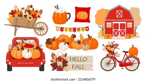 Autumn harvest on the farm elements set. Pumpkin and sunflowers on a wheelbarrow. Car with a pumpkin in the trunk. Illustrated vector element.