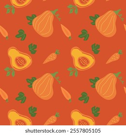 Autumn harvest pattern with butternut squash, carrots, and leaves in warm tones.